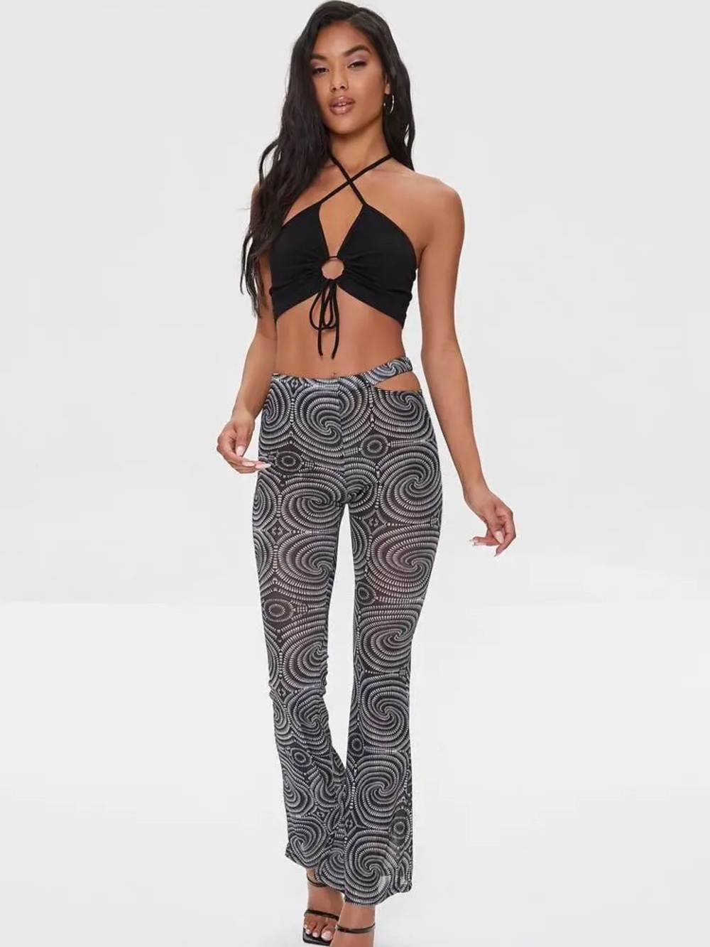 Spiral Print Mesh Flare Pants